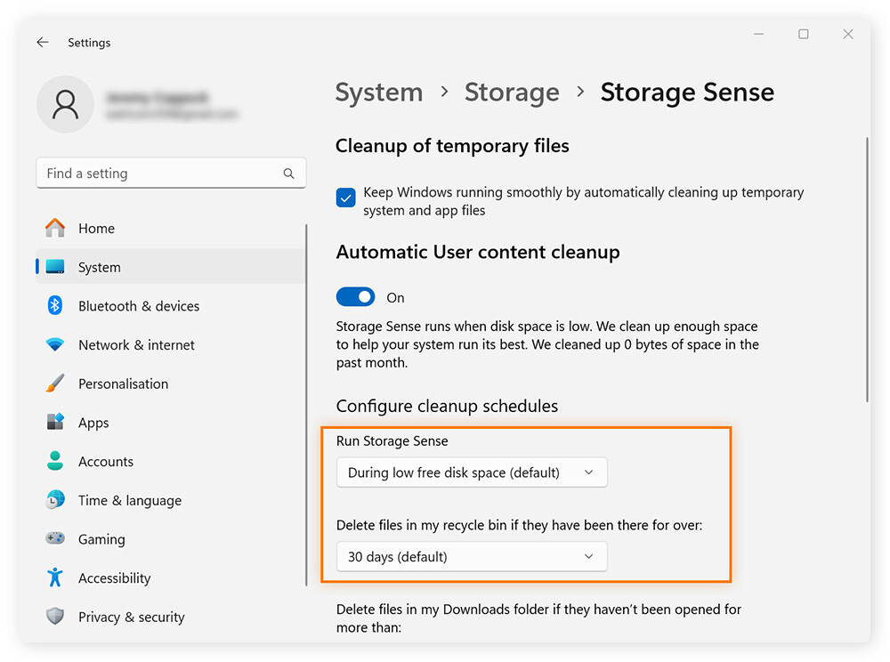 A screenshot of Storage Sense settings on a Windows PC.