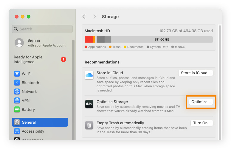 The Optimize Storage tool on a Mac.