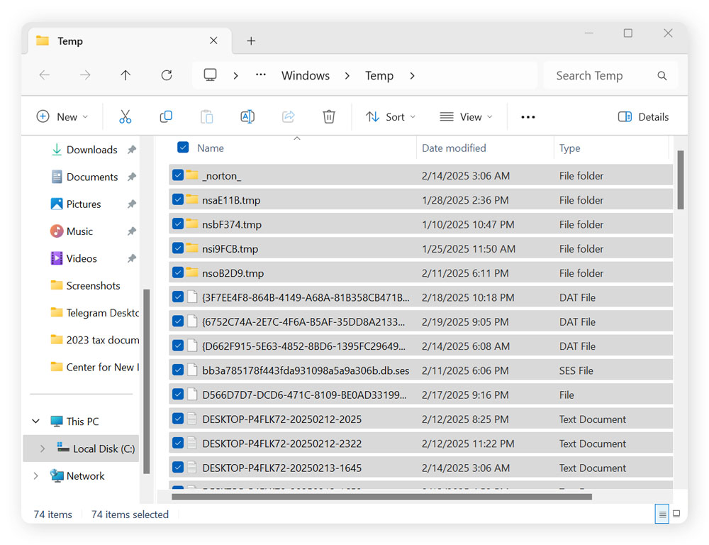 A screenshot of files in the Temp folder selected for deletion.