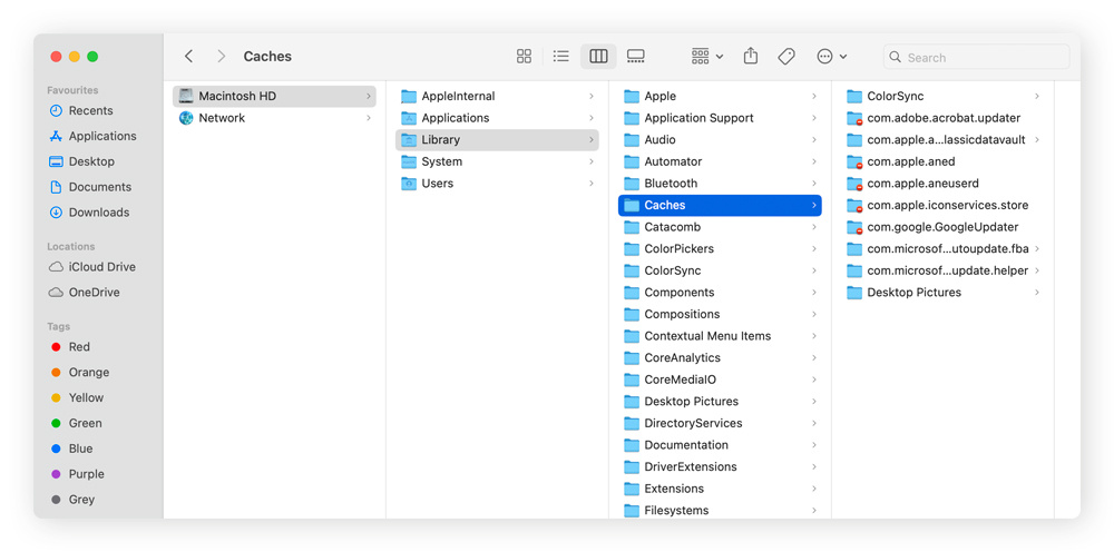 Navigating to the Cache files on macOS.