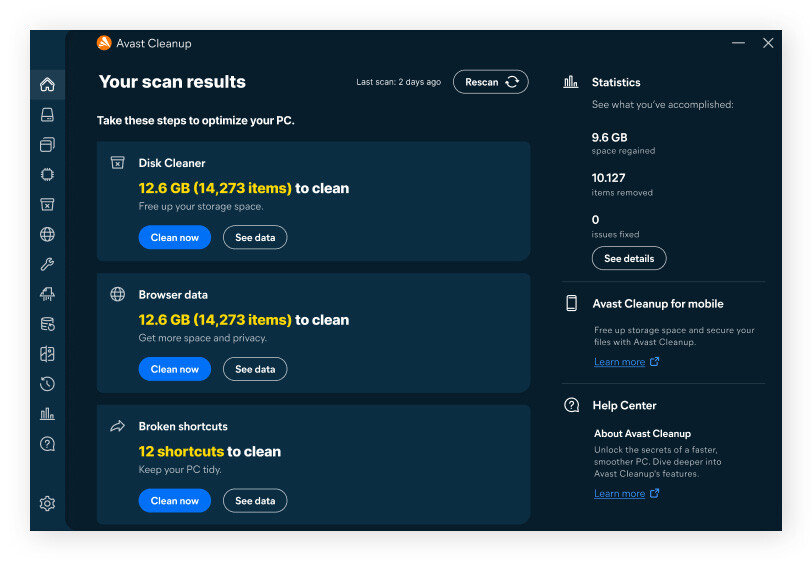 System The Avast Cleanup dashboard showing disk clean up options.