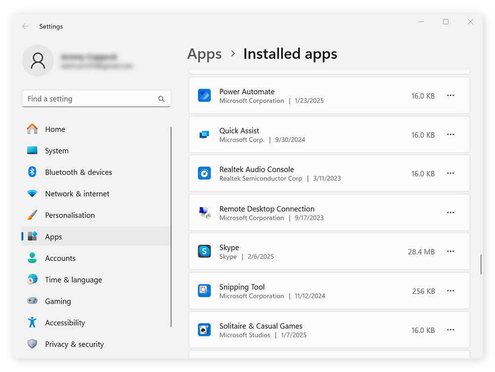 A list of installed apps on a Windows PC.