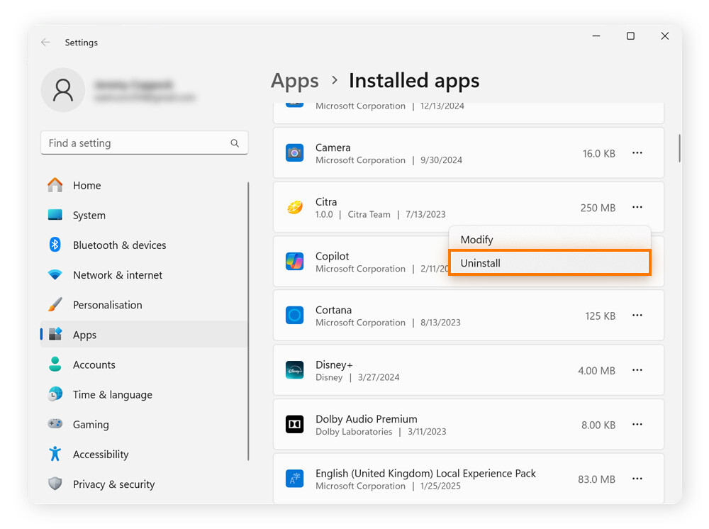 A screenshot showing how to uninstall an app on a Windows PC.