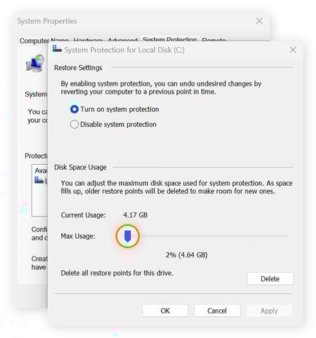 A screenshot showing how to configure restore settings on a Windows PC.