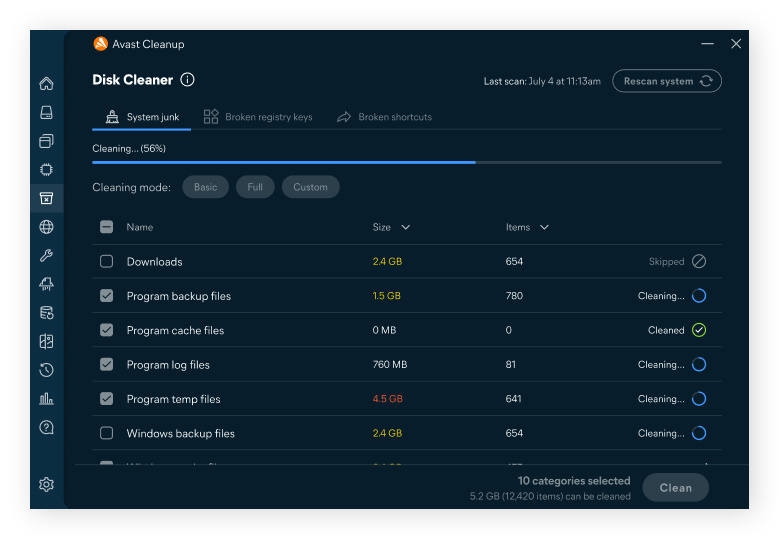 The Avast Cleanup Disk Cleaner tool in action.