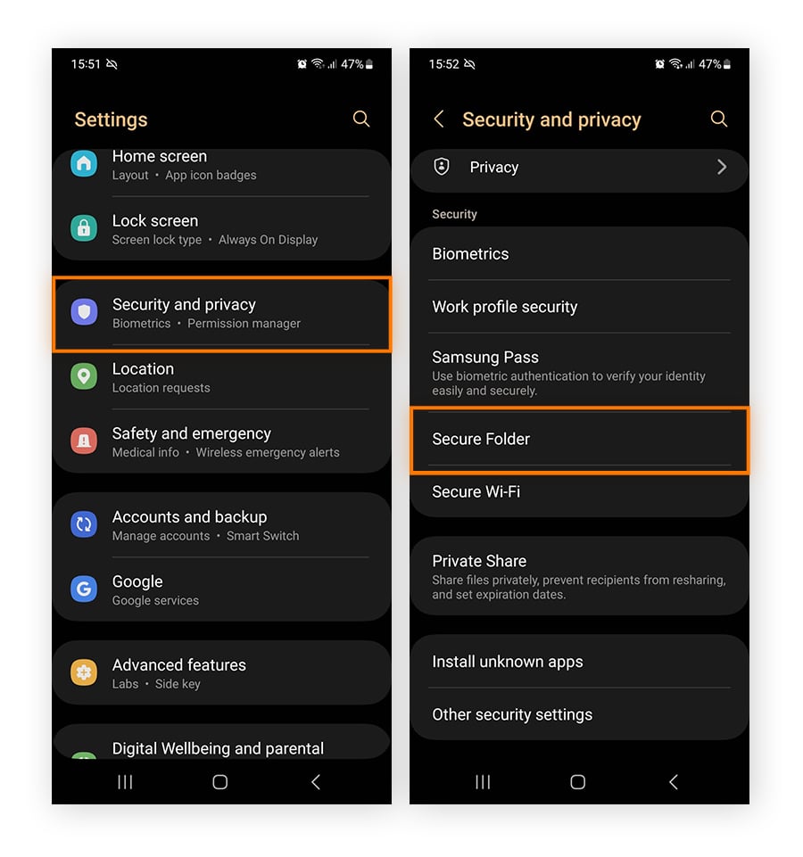 Navegando até configurações da Pasta Segura em um celular Samsung.