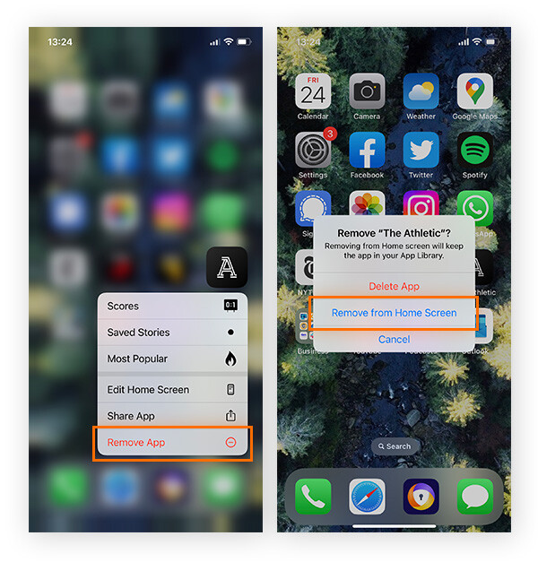 Pressing and holding an iPhone app icon to hide it from the home screen.