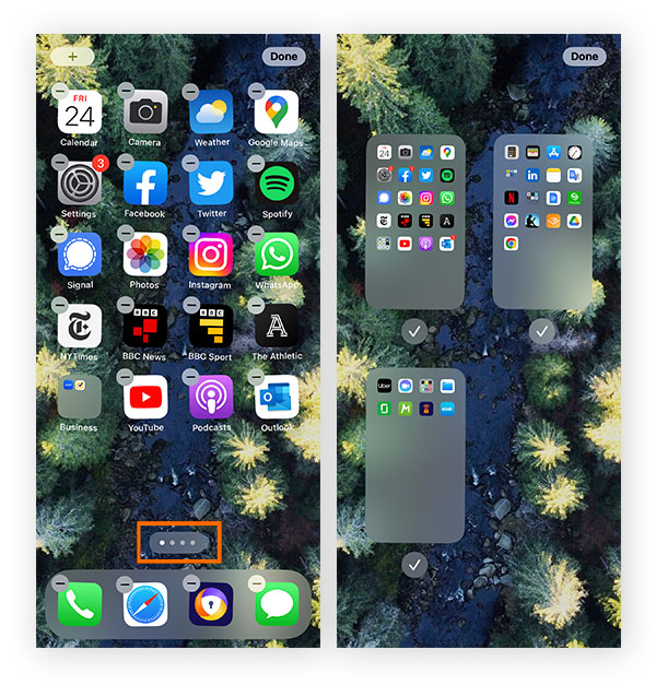 Zoomed out display of iPhone home screen apps with visibility enabled for all pages