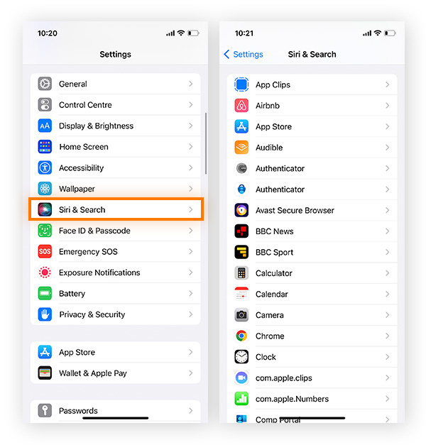 Accessing the Siri & Search menu in iOS settings on iOS 17.