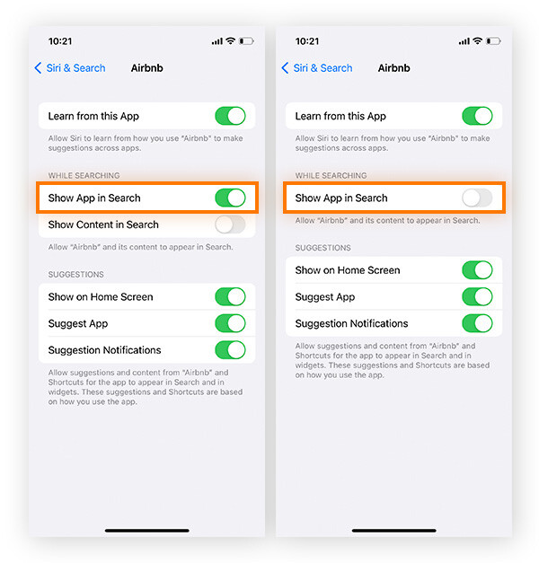 Toggling off the "Show App in Search" button in Siri & Search iOS 17 settings on iPhone.