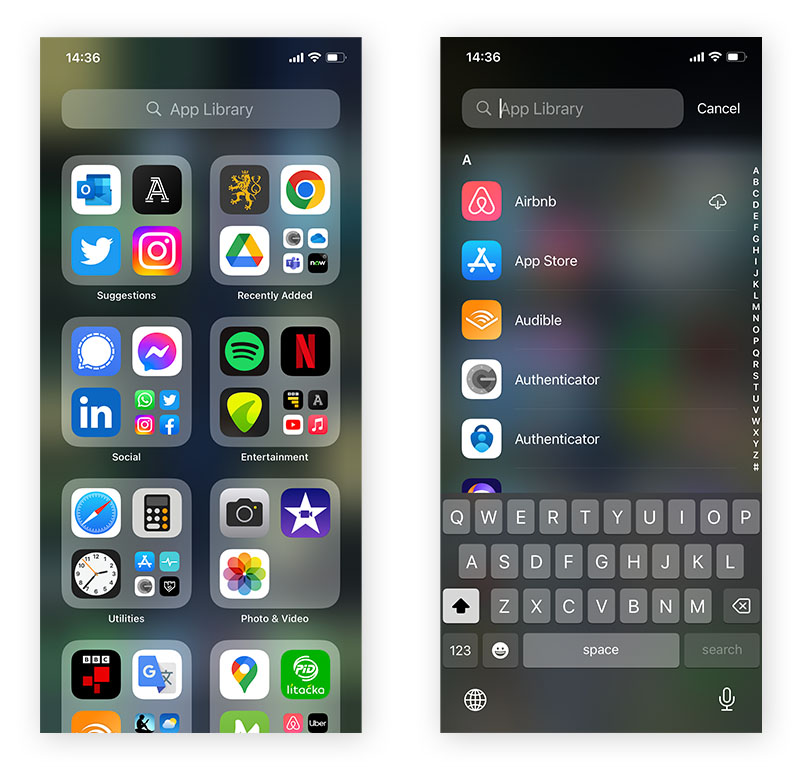 Locating an app within the iPhone App Library.