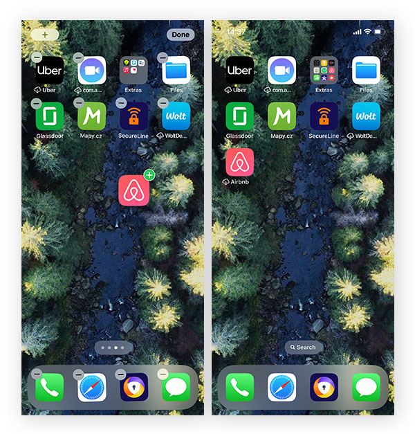 Dragging a hidden app icon back onto the iOS home screen.