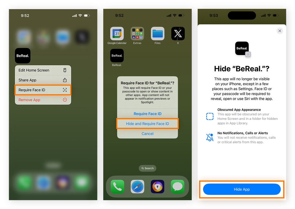 Screenshots showing how to hide an app on iOS 18.