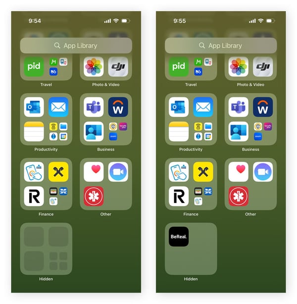 Screenshots showing how to locate an app within an iPhone's Hidden folder on iOS 18.