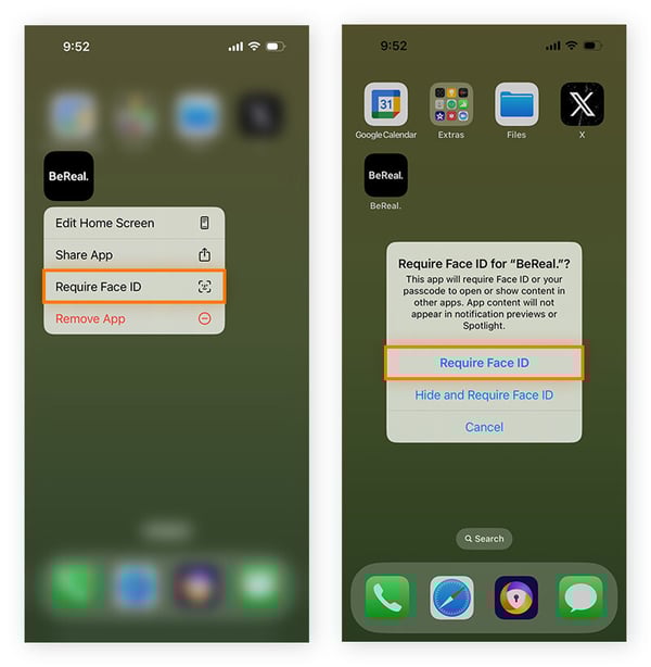 Screenshots showing how to lock an app on iOS 18.