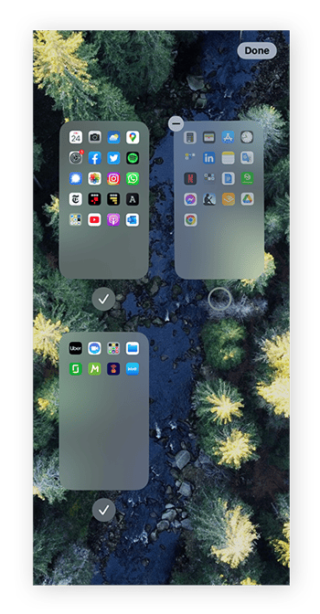 Acción de desmarcar una página de aplicaciones para ocultarla completamente de la pantalla de inicio del iPhone o del iPad.