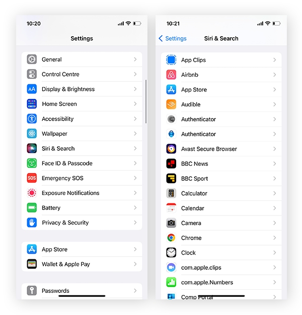 Acceso al menú Siri y Buscar en Ajustes de iOS.