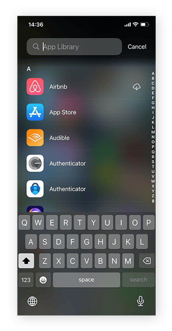 Búsqueda de una aplicación en la Biblioteca de apps del iPhone.