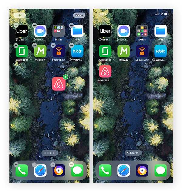 Acción de arrastrar el icono de una aplicación oculta a la pantalla de inicio de iOS.