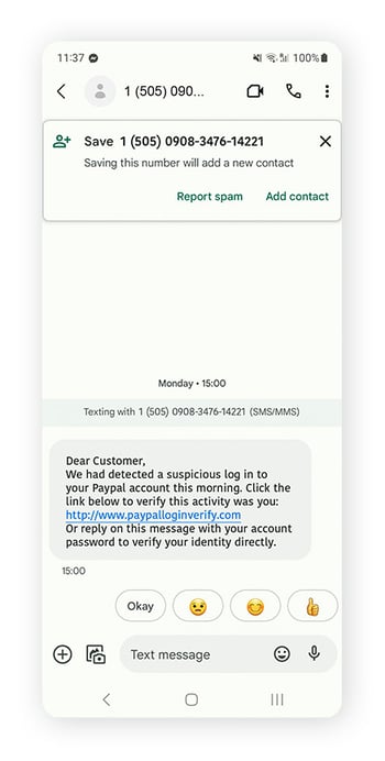 Un exemple de faux SMS avec des signes révélateurs pour vous aider à identifier une escroquerie.