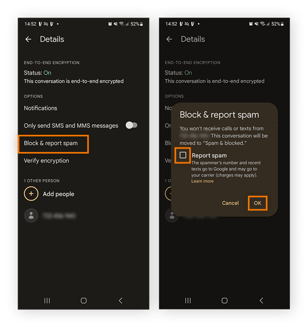 Exemple de blocage et de signalement d’un faux SMS.