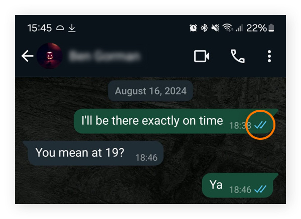 Ein Beispiel für eine zugestellte und gelesene WhatsApp-Nachricht.