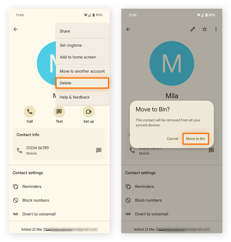 Löschen eines Kontakts aus der Android Kontaktliste.