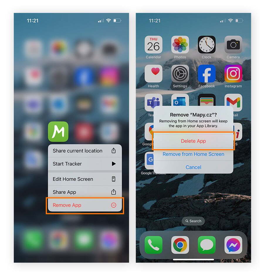 Screenshot of iPhone home screen with the option to confirm deletion of an app.