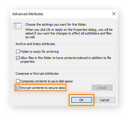 Cifrado de un archivo en el menú Propiedades de Windows.