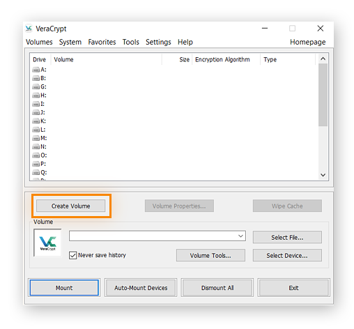 Criando volume no VeraCrypt para Windows
