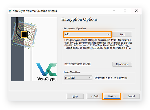 Selección de un método de cifrado en VeraCrypt para Windows