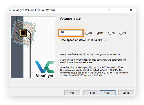 Configuración del tamaño de la carpeta de cifrado en VeraCrypt para Windows