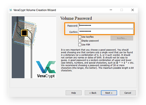 Establecimiento de una contraseña de cifrado de archivo en VeraCrypt para Windows