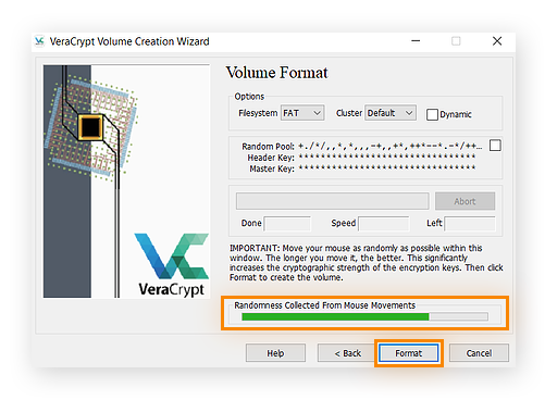 Uso de movimientos aleatorios del ratón para crear una clave de cifrado en VeraCrypt para Windows
