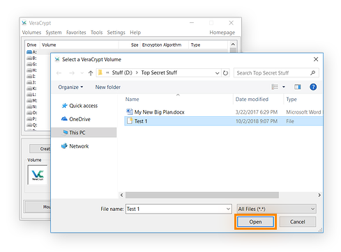 Apertura de un volumen seleccionado en VeraCrypt para Windows