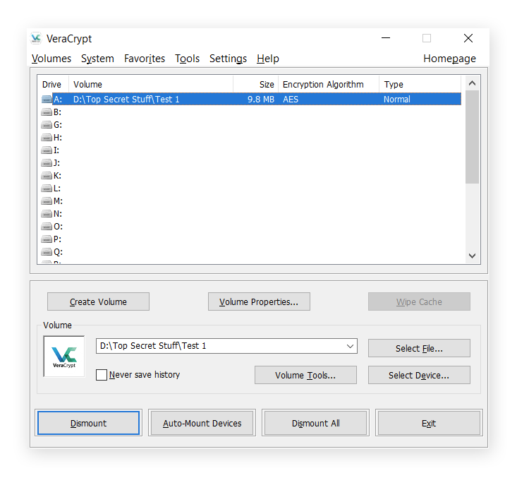 Una unidad cifrada montada en VeraCrypt para Windows