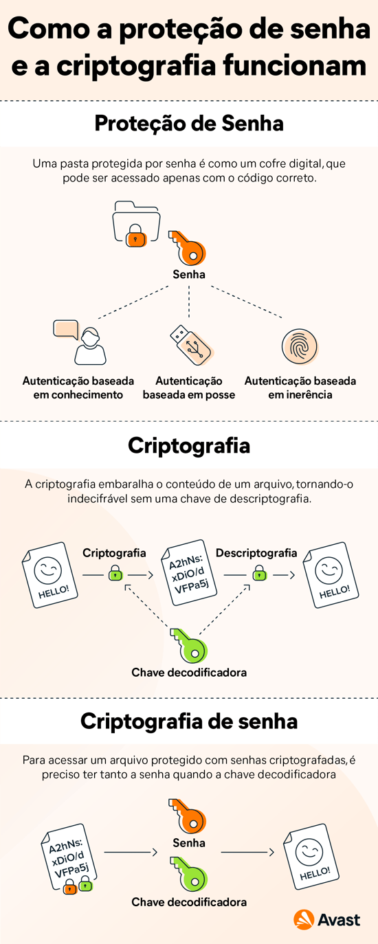 Diferenças entre arquivos protegidos por senha, criptografados e com criptografia de senha.