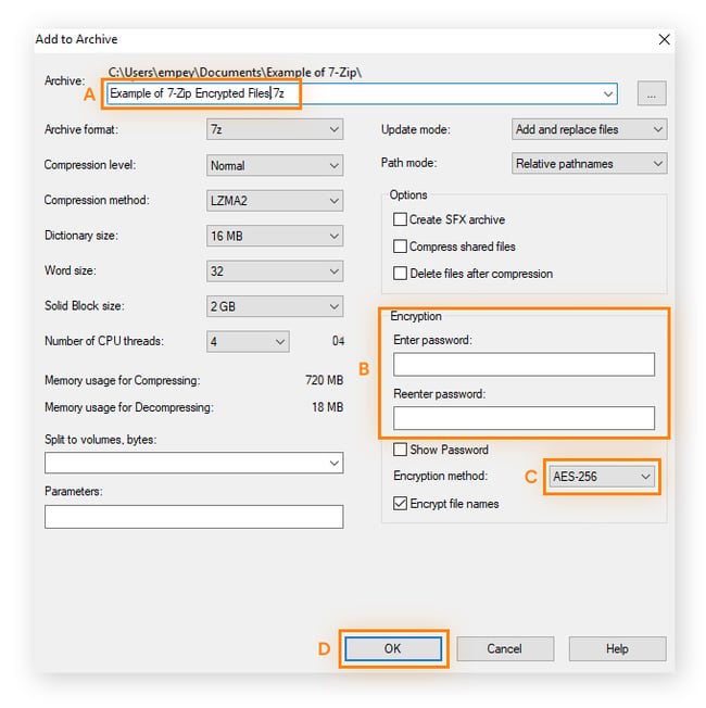 File compression options in 7-Zip File Manager for Windows.