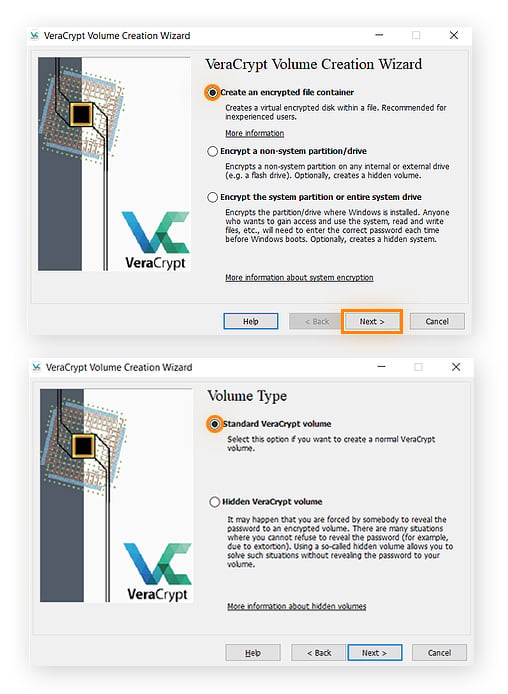 Creating an encrypted file container in Veracrypt for Windows.