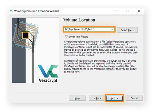 Selecting a volume location in VeraCrypt for Windows.