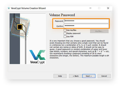 Setting a file encryption password in VeraCrypt for Windows.