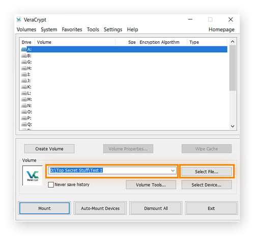 Selecting a volume to mount in VeraCrypt for Windows.