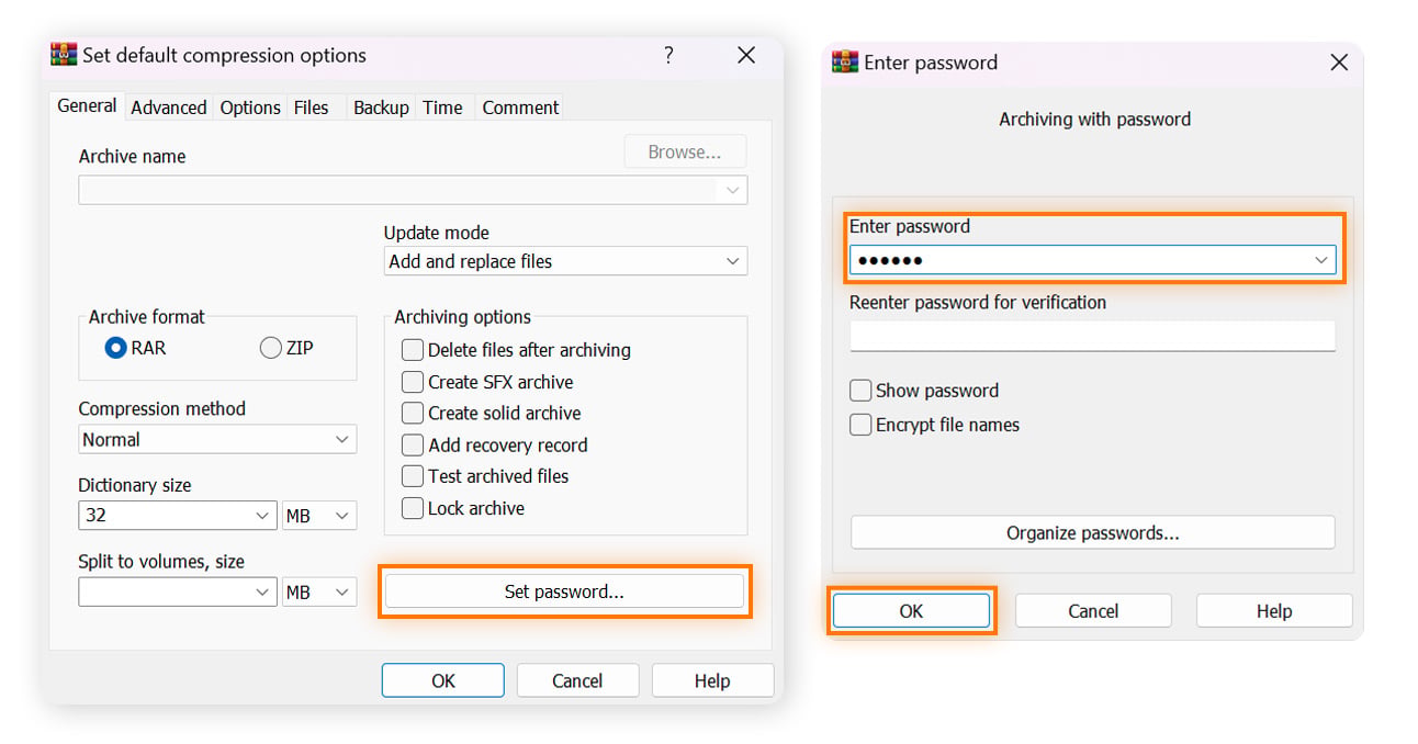 Steps for password protecting a RAR file.