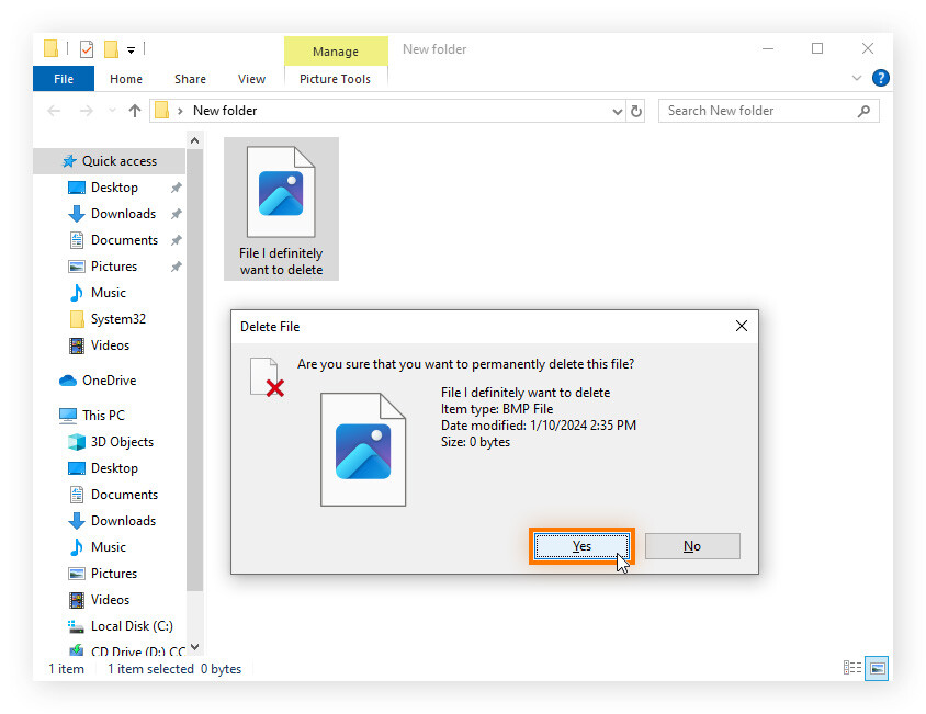 Utilisation de raccourcis clavier sur un PC Windows pour supprimer définitivement des fichiers.