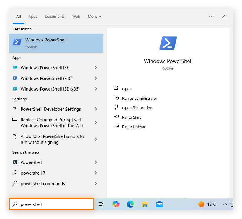 Ouverture de Windows PowerShell pour débuter le processus de suppression permanente des fichiers ou répertoires Windows.