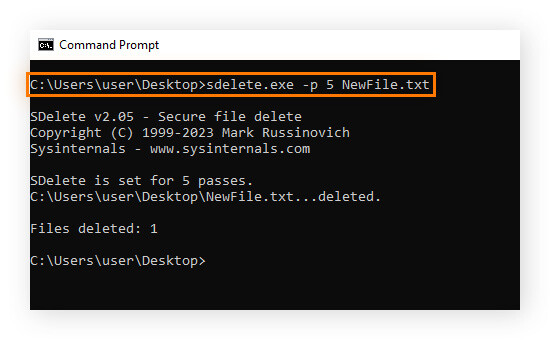 Suppression et écrasement de données de fichier à l’aide du logiciel Windows SDelete à partir de l’invite de commandes.