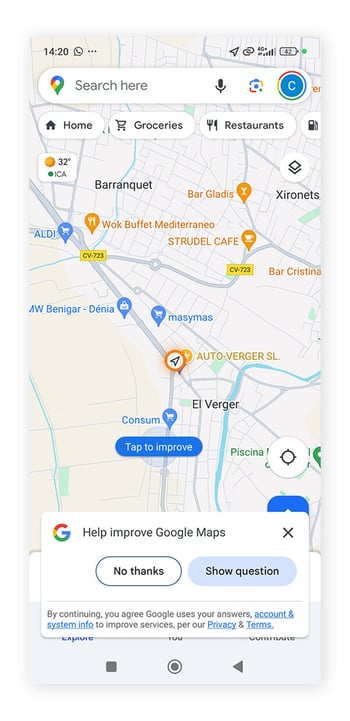 Das Standortsymbol und der grüne Punkt zeigen auf einem Android-Gerät an, dass das Mikrofon oder die Kamera verwendet werden.