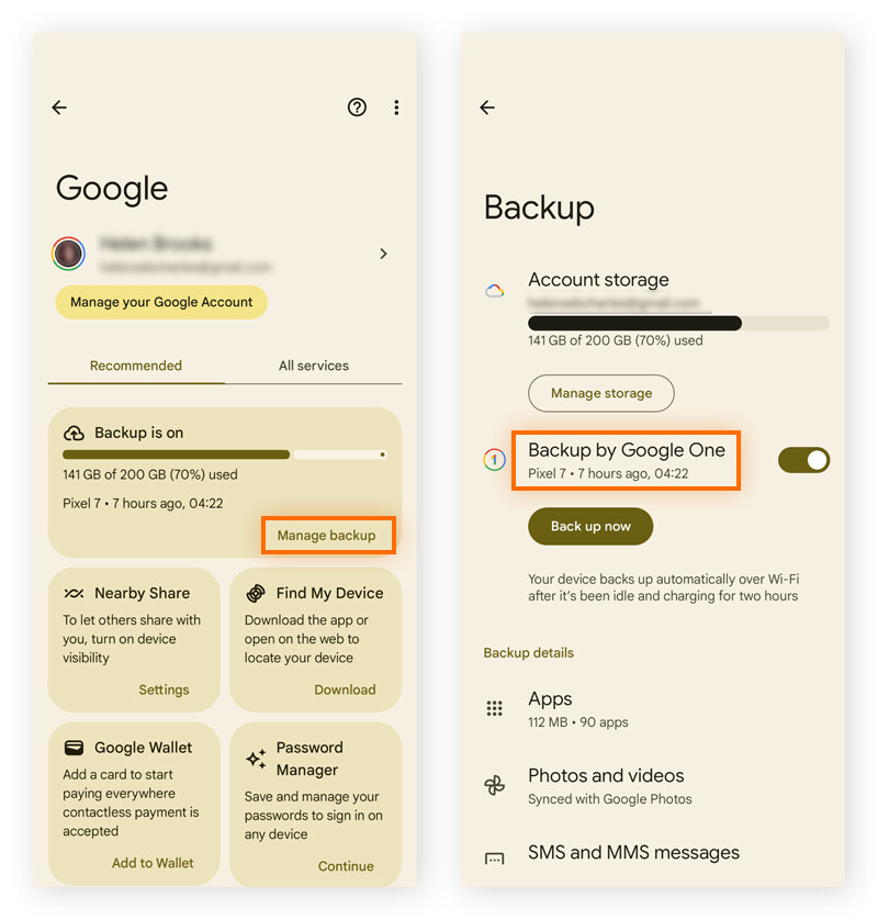 Captura de tela do menu de serviços e preferências do Google no Android com backup destacado.