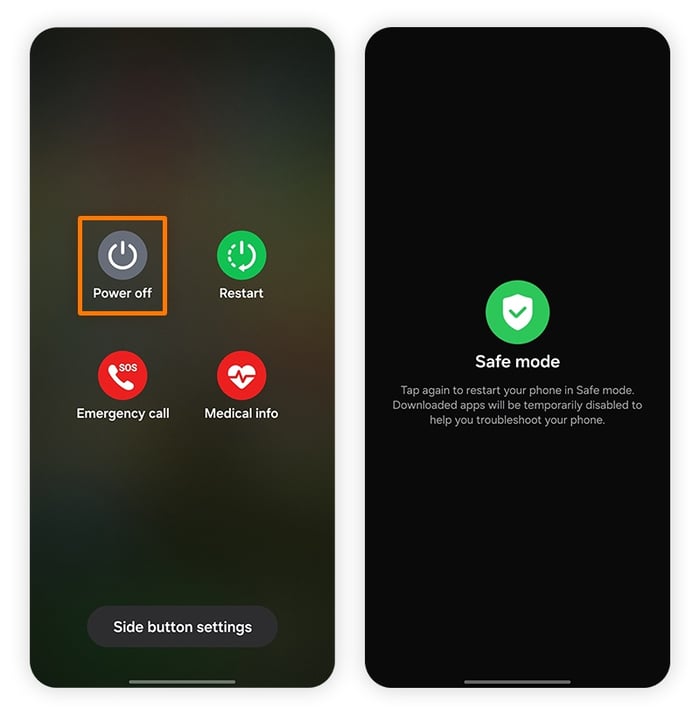 Android screen displaying the power menu and prompt to enter Safe Mode.