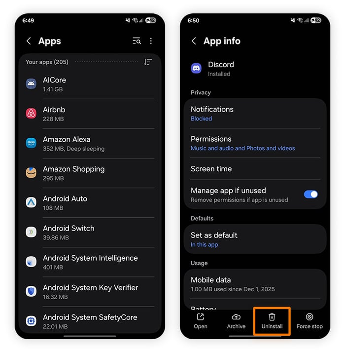 Android App info screen with Uninstall option highlighted.